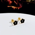 Elegant gold titanium flower stud earring with black enamel petals and zircon stone - Black Petal Gold Edge Inlaid