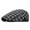 Classic black and white tweed newsboy cap with leather strap and metal buckle adjustment - Adjustable / Off-White