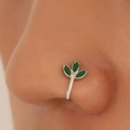 Silver nose ring featuring three green enamel leaves shown on skin for piercing style - Triple Leaf Style (X545)