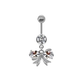 Close-up of a silver butterfly belly button ring with sparkling zircon stones and crystals - Silver Clear Zirconia Bow
