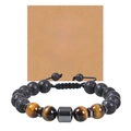 Detailed view of 10mm lava stone and tiger eye beads with an inspirational gift card - To My Son