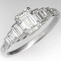 Art Deco emerald cut crystal ring with baguette side diamonds in a silver finish - US 6 / White Gold