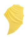 Top asimétrico amarillo sin mangas con detalle de pliegues y un hombro sobre blanco - S / Amarillo