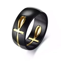 Detailed view of matte black stainless steel Ankh cross ring with gold inner finish - US 9 / Black and Gold