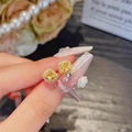 Elegant square gold gemstone stud earring with sparkling diamond halo and vintage finish - Golden Yellow Square Halo