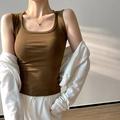 Slim fit cotton U-neck tank top in dark coffee brown worn with a white hoodie and pants - Coffee
