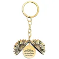 Detail of vintage gold sunflower keychain with opening petals and engraved message - T00007 Full Gold (You are braver than you believe)