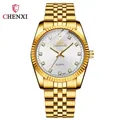 Classic gold stainless steel quartz watch with silver dial and rhinestone markers - Men's White Dial