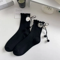 Calze nere con pizzo, fiocco e pompon in stile dolce Lolita per ragazze e donne - Taglia unica / Nero