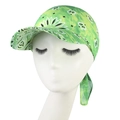 Detail of green paisley tie-dye bandana hat with sun visor and adjustable back ties - L / Green