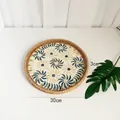 30cm round rattan woven tray with blue shell floral pattern for home storage - Blue & White Flower / Small 30*3cm