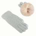 Women's light grey-blue knitted winter gloves with beige faux fur lining and touchscreen feature - Slate Gray