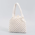 Bolso de mano de algodón tejido crema con forro interior de cordón para vacaciones en la playa - 20*2*17CM / Blanco Beige (Con Bolsa Interior)
