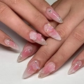 Pink gradient press-on nails with holographic butterflies, roses, and small pearls - K055【24pcs】 / Boxed (jelly Gel + Granules)