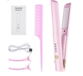 Roze draadloze stijltang set met 3 temperatuurstanden en USB-oplaadkabel - Roze Stijltang Set / Roze