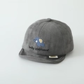 Close-up of soft grey suede baby cap featuring blue elephant embroidery and short brim - Elephant / Gray