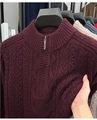 Men's wine red cable knit sweater with a quarter-zip high neck and stretch texture - M / Burgundy