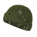 Olive green distressed beanie with silver metal rings and safety pin accessory - One Size / Army Green