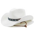 White woven western jazz straw hat with turquoise bead trim and adjustable chin strap - Pure White