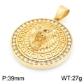 Gold lion head compass pendant with roman numerals and rhinestones, 39mm 27g - Type B Greek Key Rhinestone (KP116406-MZOZ) / Square Snake Chain / Gold