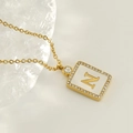 Gold square letter N necklace with crystal border and white enamel on a cable chain - Gold-N