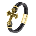 Men's triple-layer black braided leather bracelet with golden cross and magnetic clasp - Gold/Point Engraved Cross