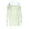 Slim fit off-shoulder long sleeve mini dress in light green with pleated bodice - S / Green