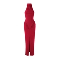 Detail van rode halterjurk met geplooide taille en split aan de voorkant - S / Bordeauxrood