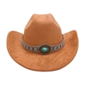Classic tan Western cowboy hat with ethnic style turquoise stone band decoration - One Size / Oval Blue Stone Decoration / Khaki