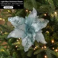 Fleur de poinsettia artificielle bleu clair avec paillettes pour sapin de Noël - Bleu