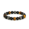Bracelet ajustable en œil de tigre et onyx noir avec perles d'hématite sur fond blanc - 10mm / Oeil de Tigre Pierre Polie Hématite