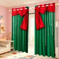 Cortina de Navidad verde esmeralda con lazo rojo y estampado de perlas para el hogar - Verde Esmeralda Lazo Rojo / 142*160CM