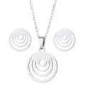 Detail of silver hollow geometric circular pendant necklace and matching stud earring set - Silver