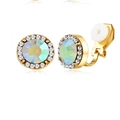 Macro detail of gold clip-on earrings with colorful center stone and white cushion padding - Gold Iridescent Round