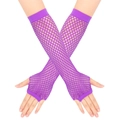 Detail of purple fishnet gloves with finger holes on model's arms in crossed pose - One Size / Fuschia
