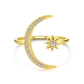 Anillo ajustable de plata S925 con luna creciente dorada y estrellas de circonitas brillantes - Abierto Ajustable / Dorado