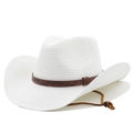 White straw cowboy hat with brown floral band and adjustable windproof chin strap - M (56-58cm) / Pure White