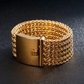 Macro detail of golden woven triple-row bracelet with large industrial metal clasp - 31mm Width - 20cm Length (KB56410-D) / Gold
