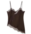 Deep coffee lace trim camisole in smooth satin fabric with asymmetrical hem style - Dark Brown