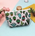 Flat lay of cactus print PU leather coin purse with zipper and metal keychain hook - Cactus-6