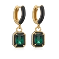 Elegant gold earrings with black enamel squares and rectangle emerald green crystals - Black Enamel Green Zircon