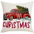 Housse de coussin en lin avec motif de camion rouge vintage et sapin de Noël - Camion à Carreaux Joyeux Noël