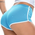 Sky blue high-waisted yoga shorts with white contrast trim and ribbed texture detail - S / Lake Blue