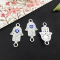 Silver Hamsa Hand charms with blue evil eye heart and crystals for DIY jewelry - White K Evil Eye 12x22mm