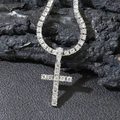 Silver iced-out cross pendant necklace with clear crystals on a textured rock base - Silver Cross + 40cm Tennis Chain