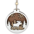 Detail of laser-cut wooden Christmas ornament with multi-layered moose and forest design - Moose (JM01996)