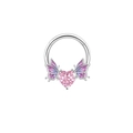 Dettaglio del piercing all'ombelico a farfalla argento con ali viola e cuore rosa - Anello Cuore Farfalla Argento (#12)