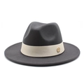 Close-up of a charcoal grey wool fedora hat with beige ribbon and gold logo badge - Dark Gray