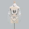 Elegant white lace triangular shawl with black butterfly embroidery and long tassel trim - White