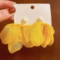 Vibrant yellow organza flower petal drop earrings with cream-colored stud detail - Yellow Gauze Petal